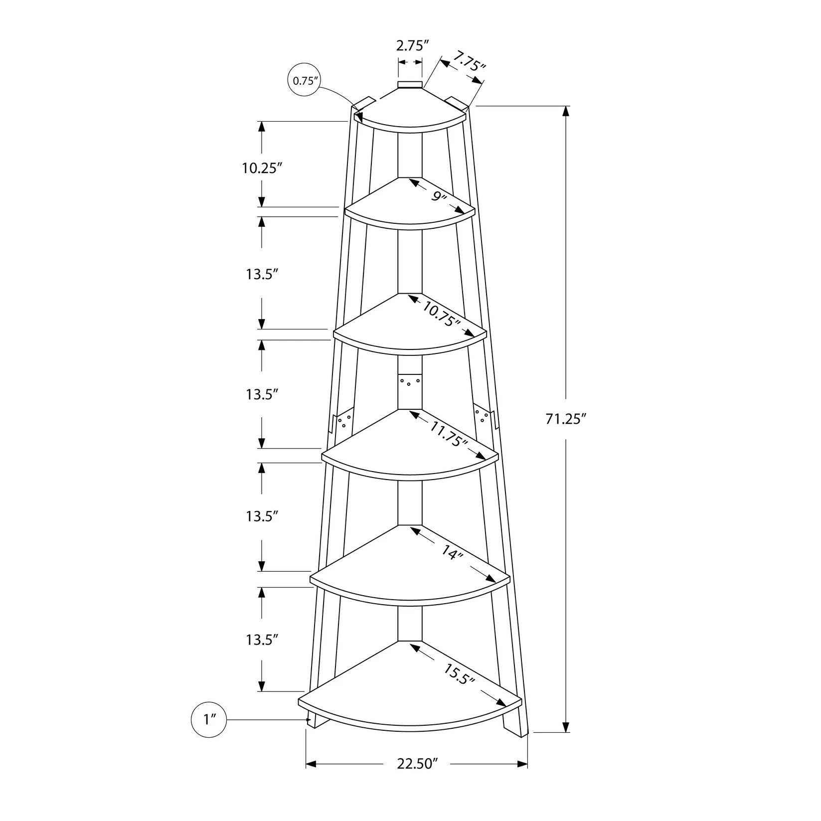 Bookshelf, Bookcase, Etagere, Corner, 5 Tier, 72h, Office, Bedroom, Laminate, Contemporary, Modern