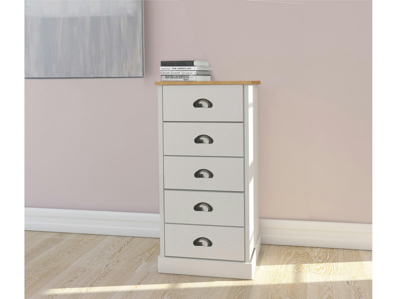 LORCA - Commode à 5 tiroirs en MDF blanc et plateau en pin nature