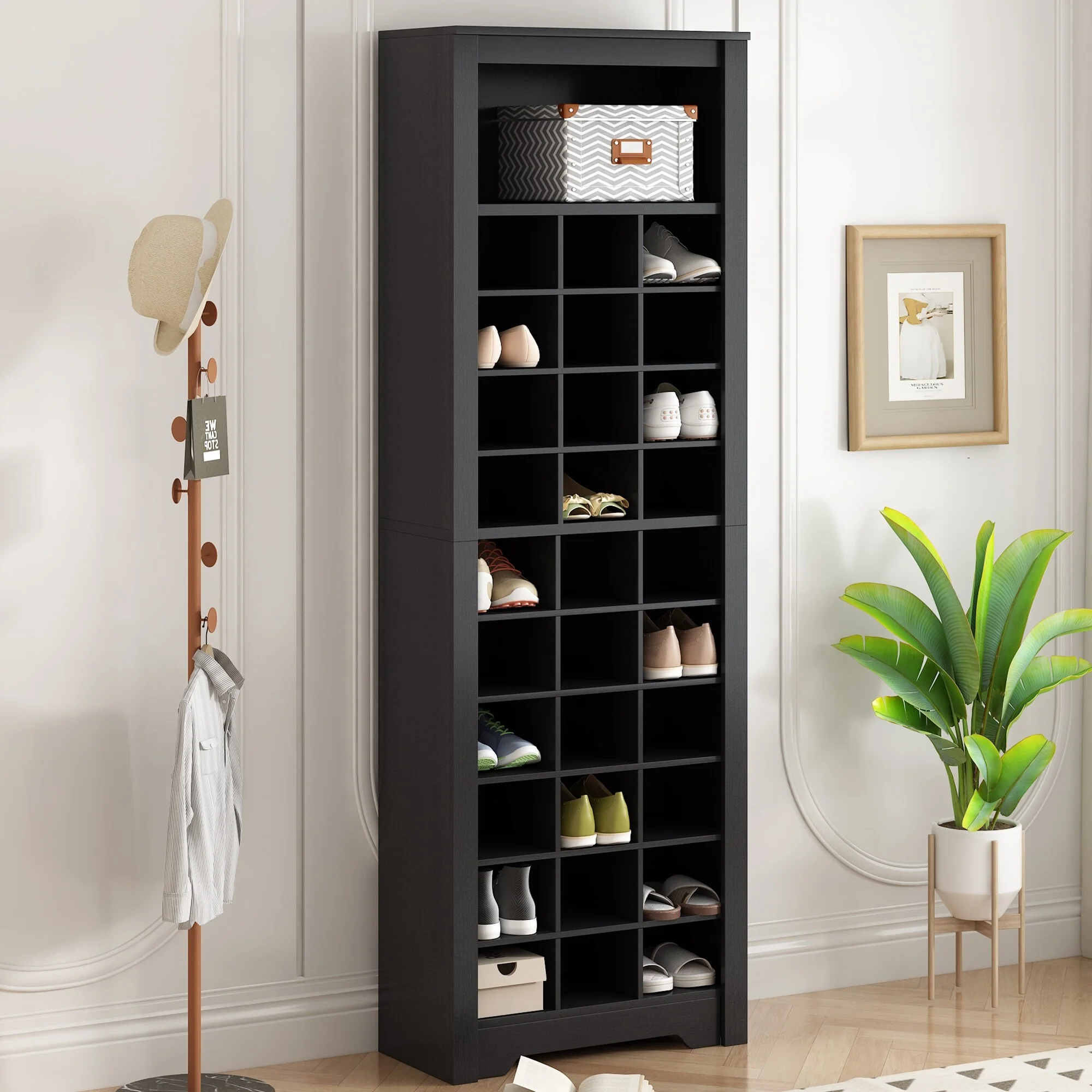 Shoe Storage Cabinet, 30 Pairs Shoe Cabinet, 12.90 Wide Cell Wood Shoe Shelves, 11 Tiers Vertical Shoe Rack for Entryway