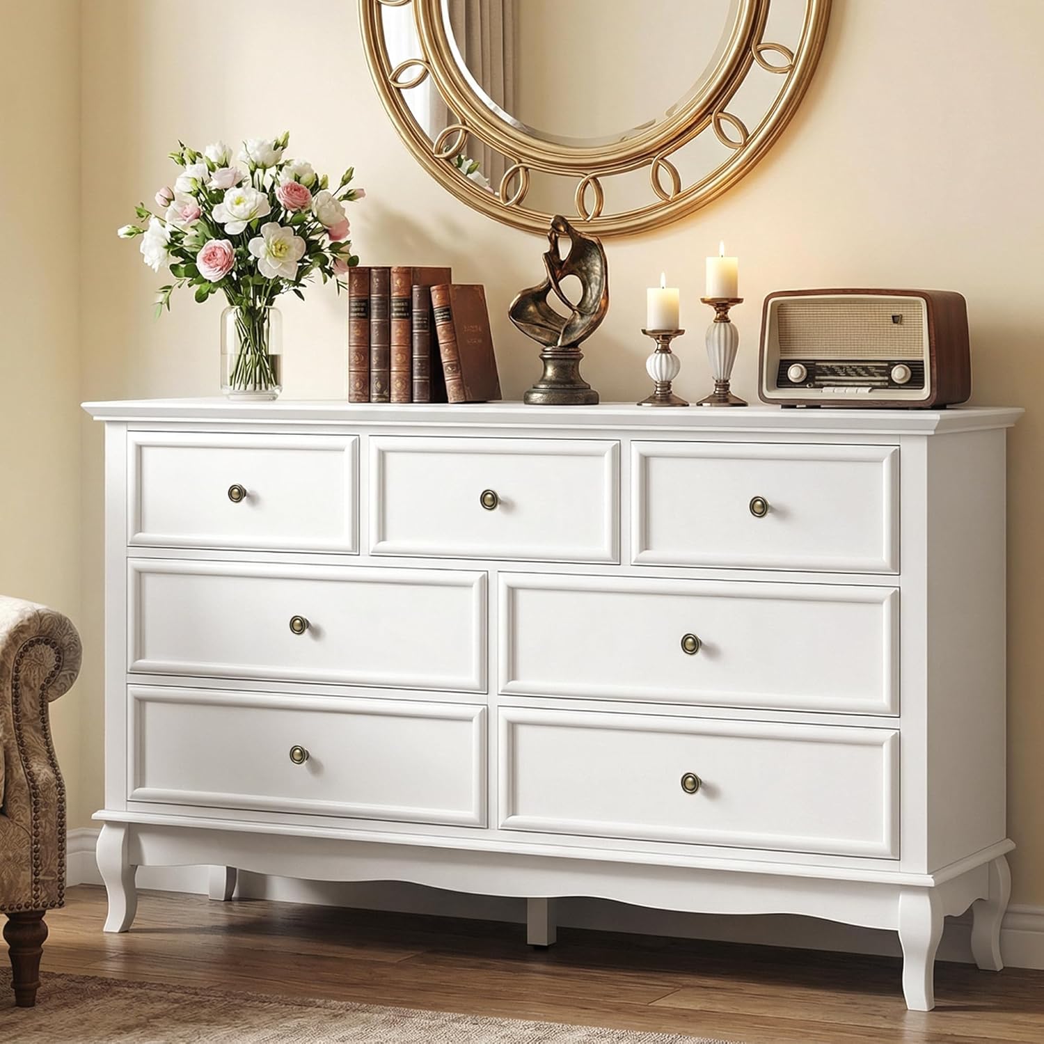 RoyalCraft 53 Wide 7 Drawer Dresser, White Dresser for Bedroom, Modern White Chest of Drawers with Solid Wood Legs and Painted Finish, Wooden Storage Closet Cabinet Organizer for Hallway, Living Room