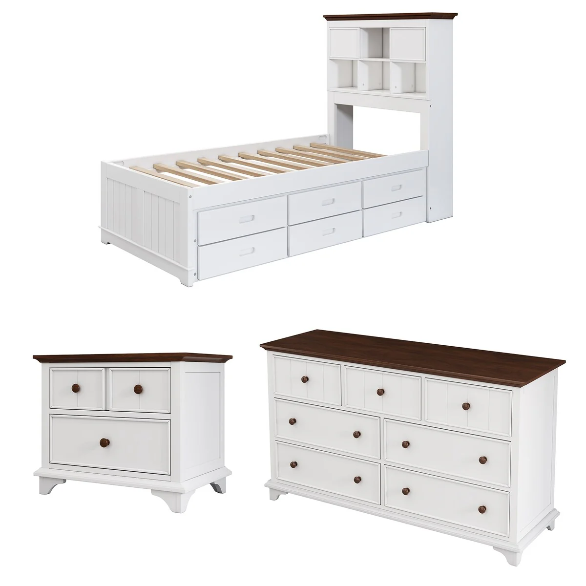 3-Pieces Set, Twin Platform Bed with Trundle and Nightstand & Dresser