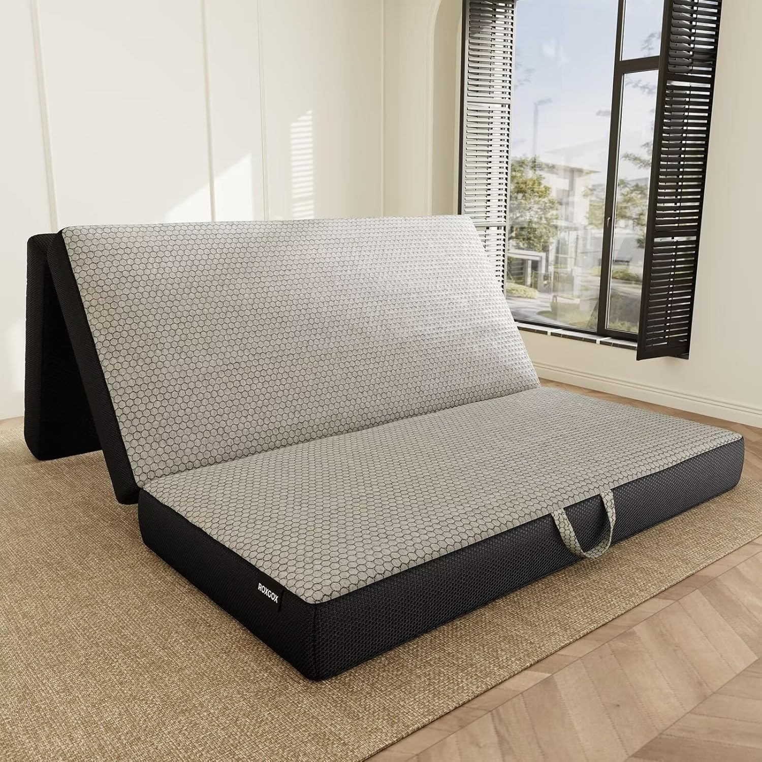 Memory Foam Trifold Mattress, Queen Portable Floor Bed 6 Inch, Foldable Mat with Washable Cover, Handle & Non-Slip Bottom, for RV, Travel, Camping, Yoga, 78x58x6, Grey