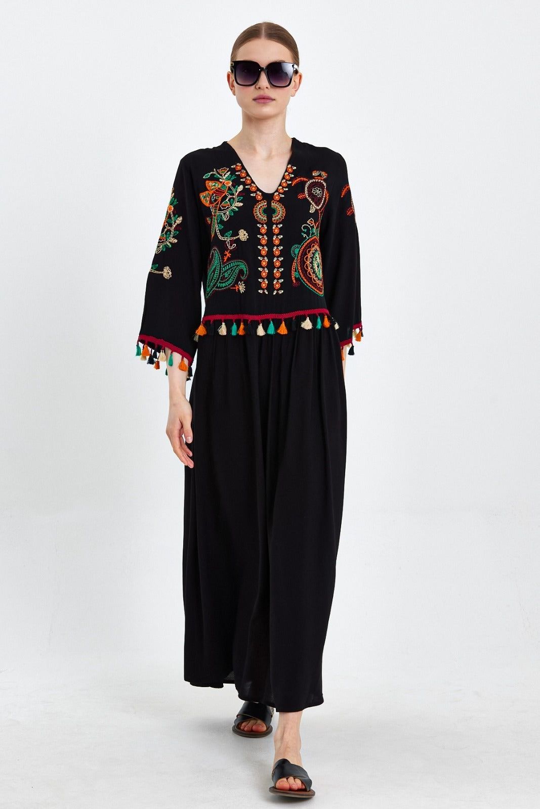 Belissh Embroidered Tiered Midi Dress with V-Neck Design in Black