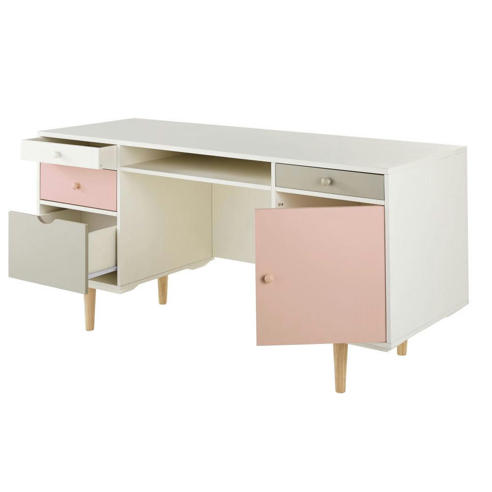 Blush - Bureau 1 porte 4 tiroirs blanc, gris et rose