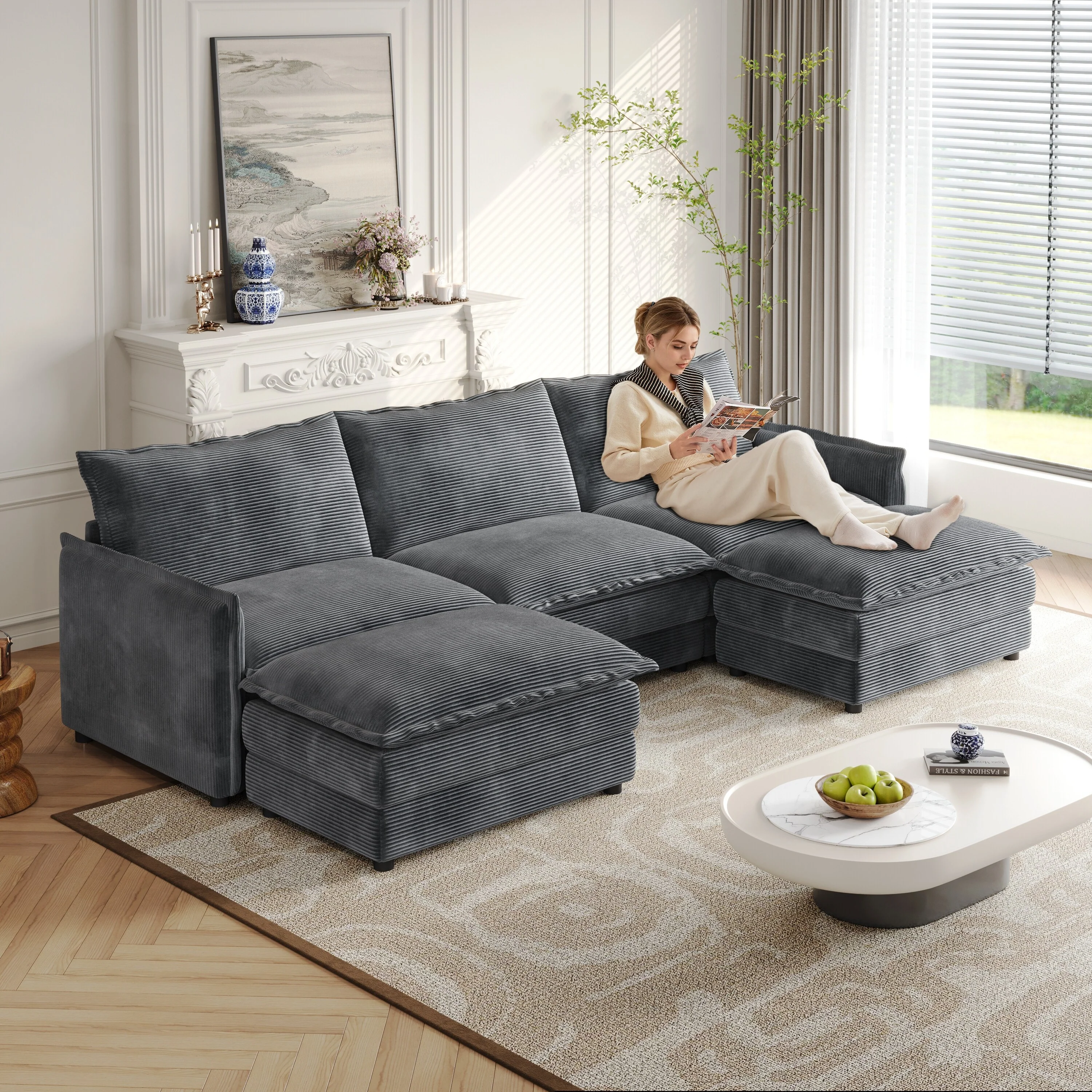 Living Room Cloud Sofa with Ottoman Chaise, 3-seater Upholstered Sectional Couch Corduroy Daybed Deep-seat Recliner Sofas
