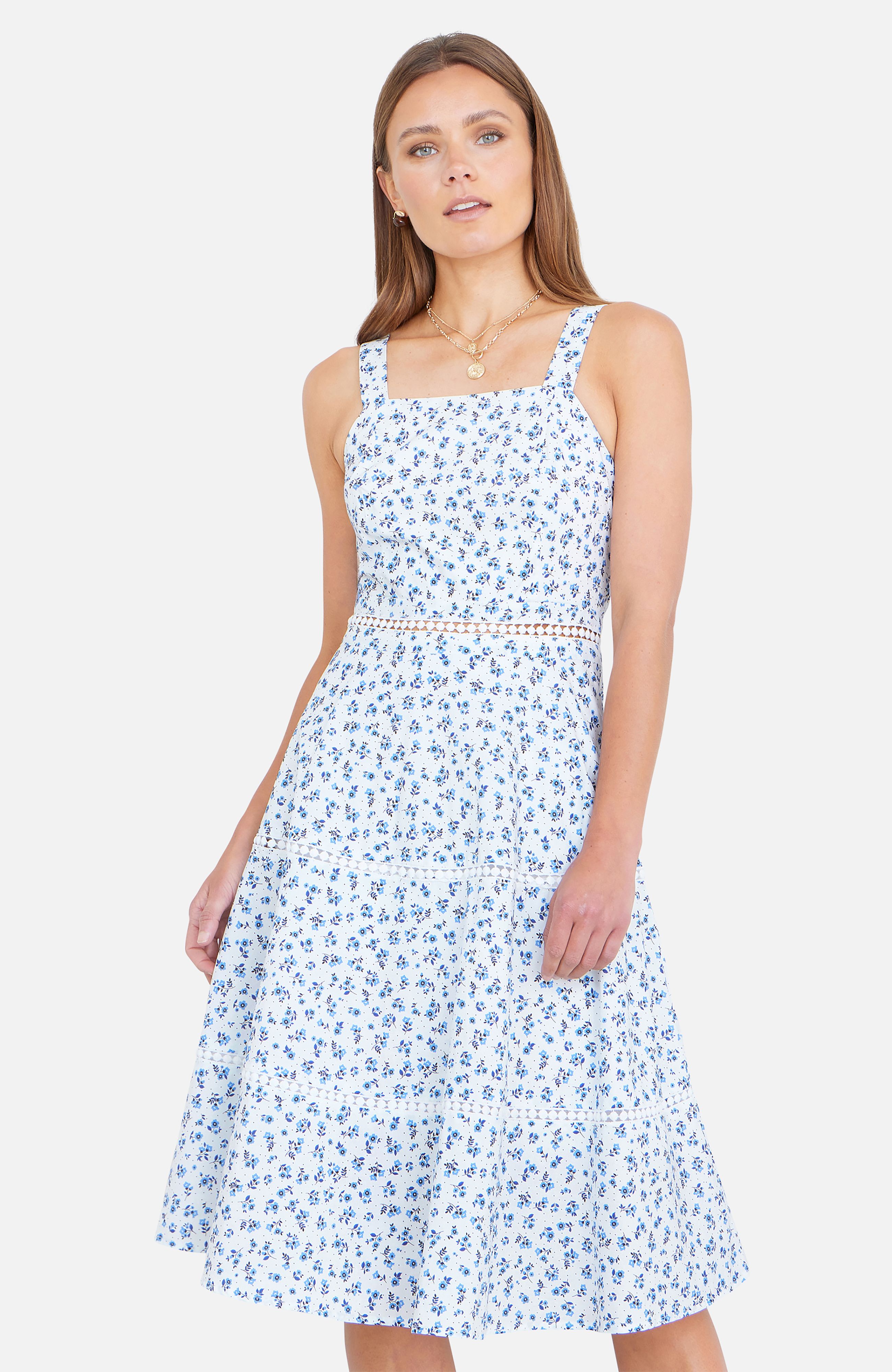 Yumi White Ditsy Floral Cotton Midi Sun Dress With Lace Trims