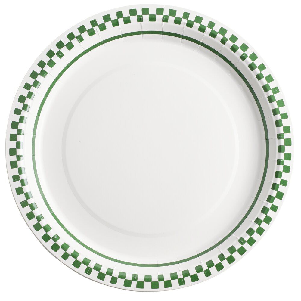 Assiette carton x8 blanc contour quadrillage vert et blanc Ø23cm