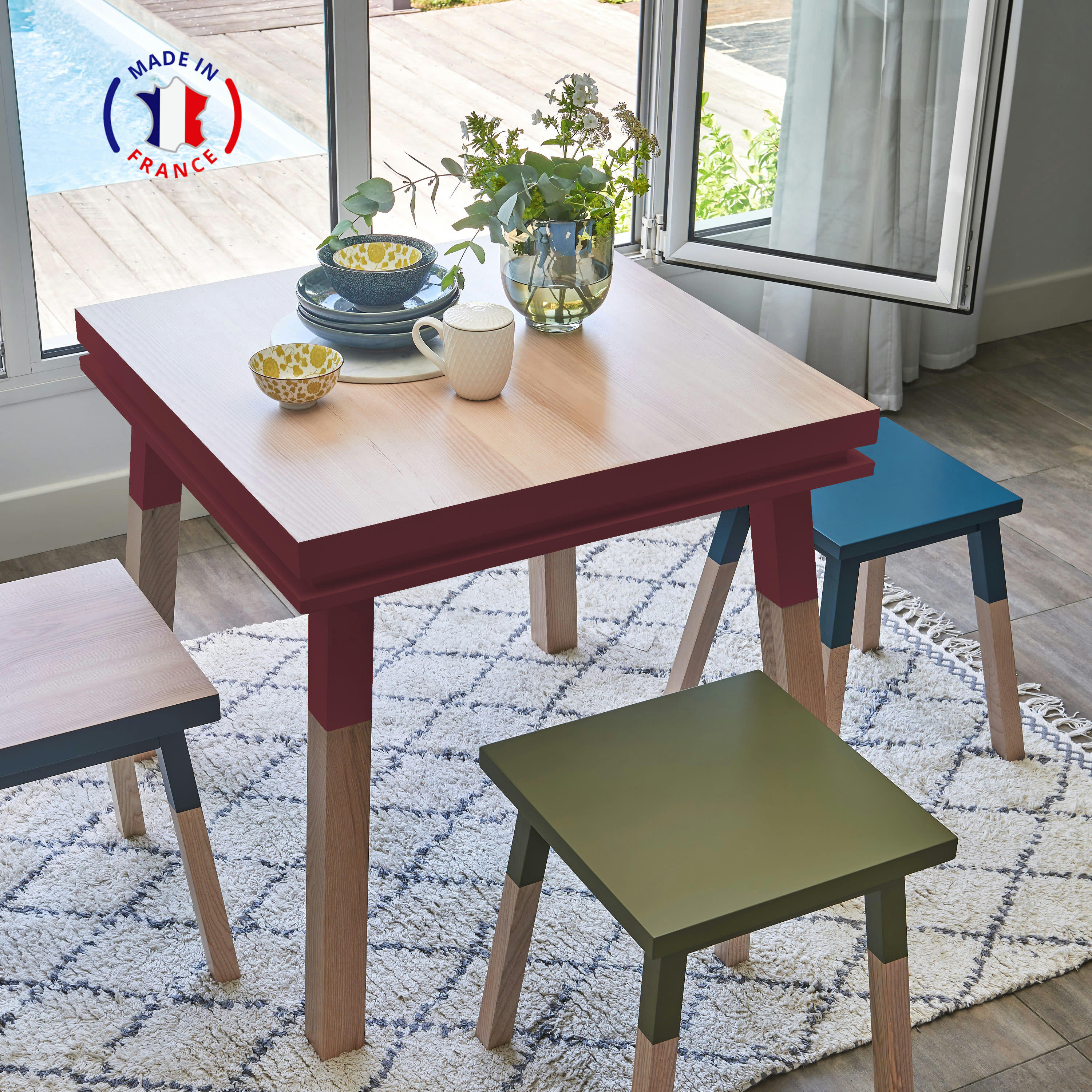 EGEE - Table de cuisine carrée avec tiroir 100 cm, 100% frêne massif