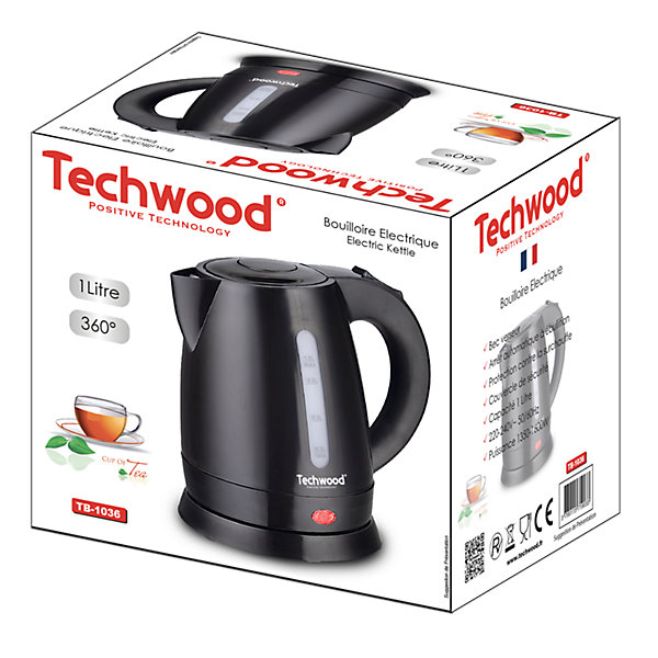 Bouilloire Electrique Techwood TB-1036 Capacité 1L - 1600W Arrêt de sécurité en cas de surchauffe Indicateur niveau d'eau, noir