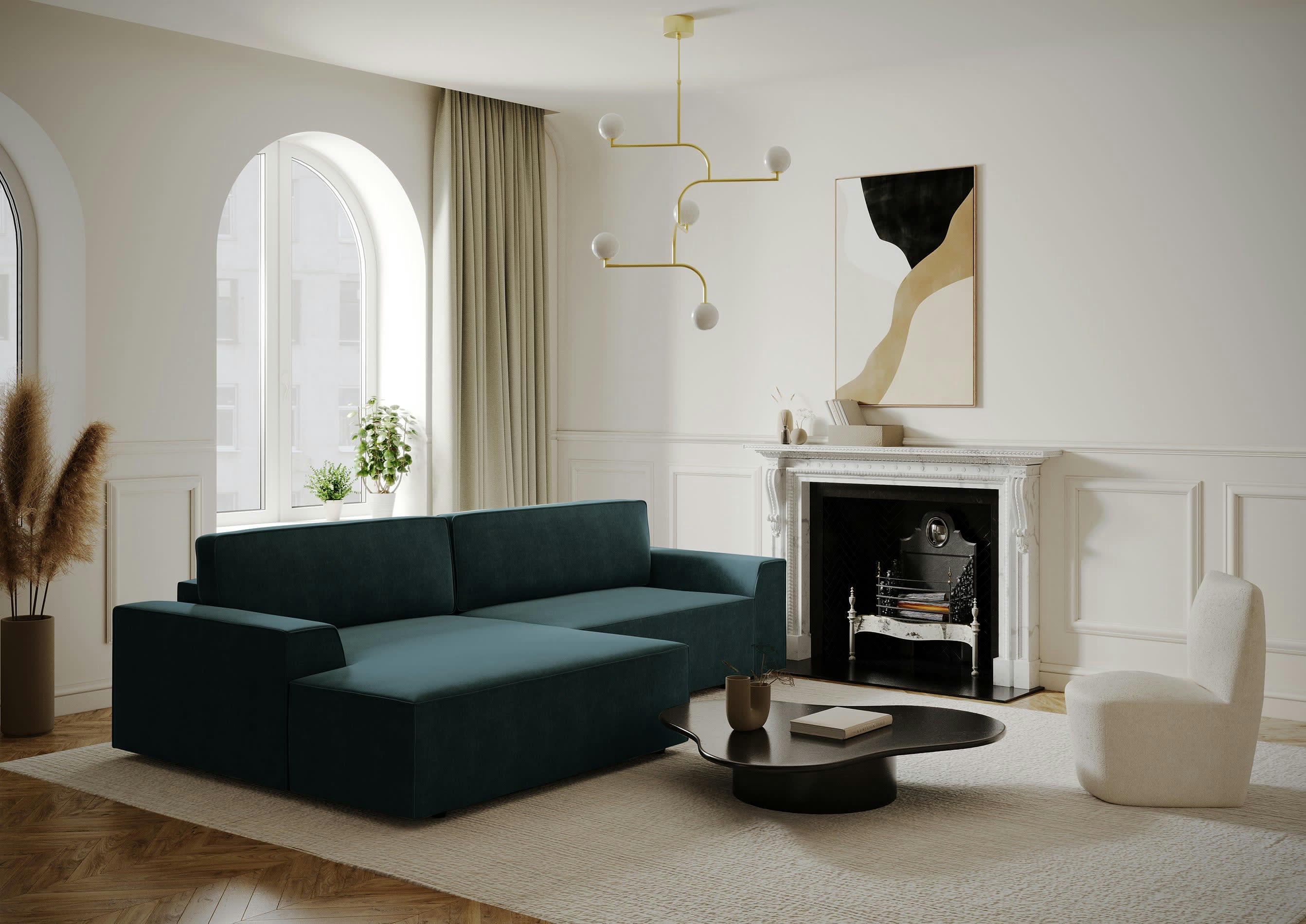 ELIOTT - Canapé angle gauche convertible coffre velours bleu 300x174cm