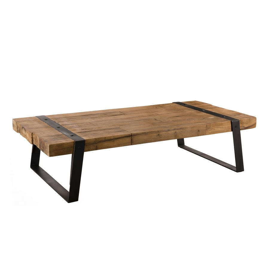 ALIDA - Table basse rectangulaire plateau teck recyclé pieds métal noir L140