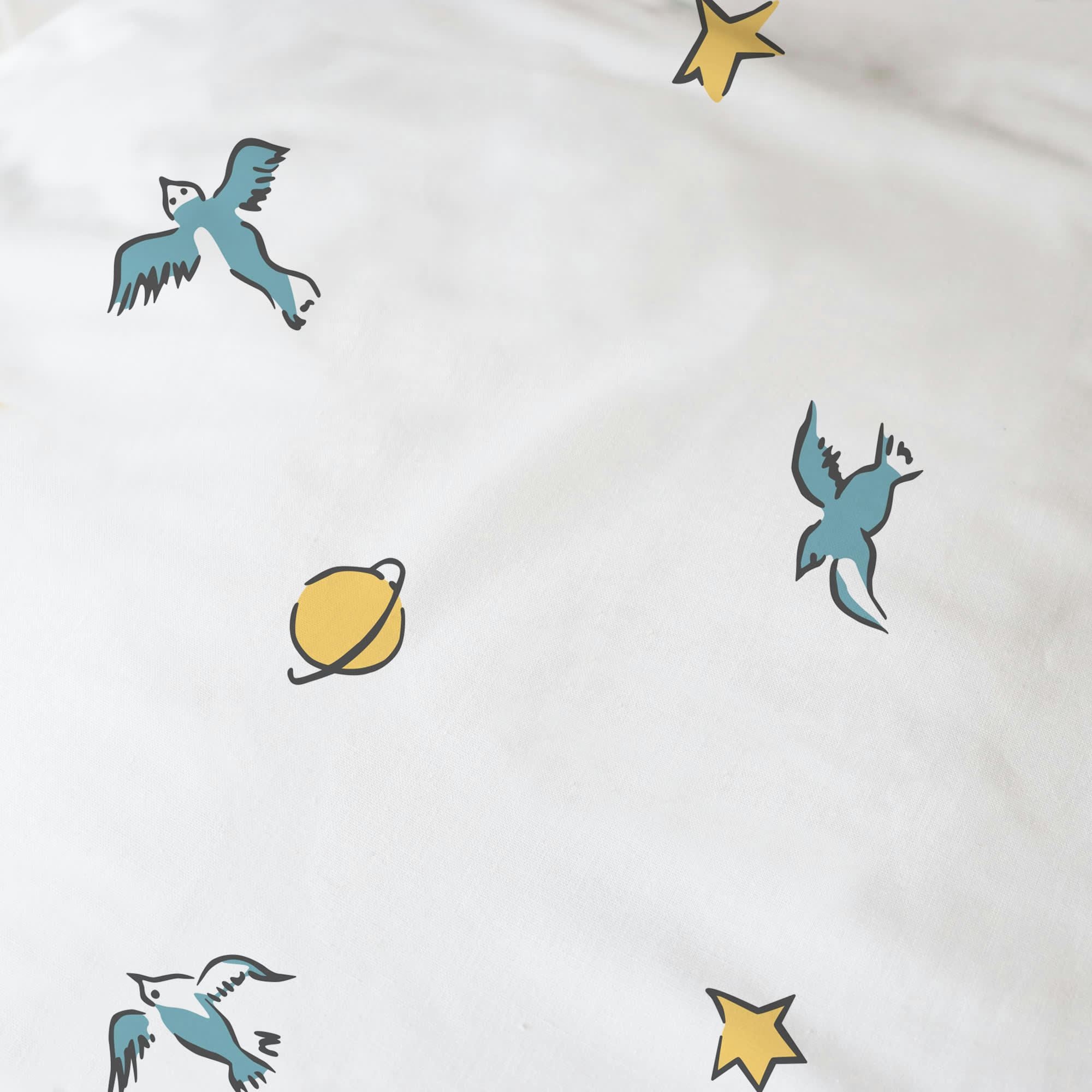 LE PETIT PRINCE BIRDS - Drap-housse imprimé en coton Blanc 90x190/200cm - Bonnet 30cm