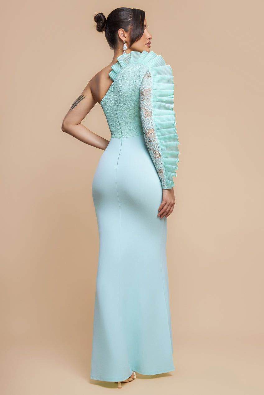 Goddiva One Shoulder Organza Fan Detail Lace Bodice Maxi Dress