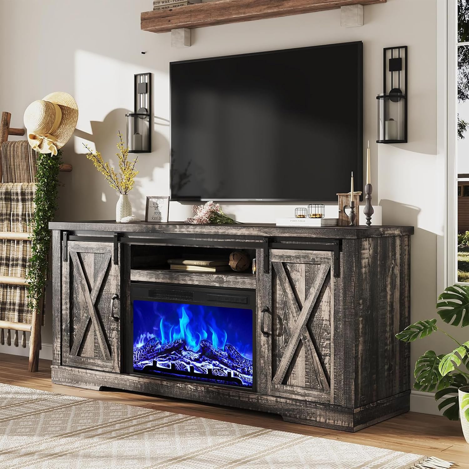 AMERLIFE Fireplace TV Stand with Sliding Barn Door for TVs up to 73, Farmhouse 63 Fireplace Entertainment Center with Storage Cabinets/Adjustable Shelves, Dark Rustic Oak