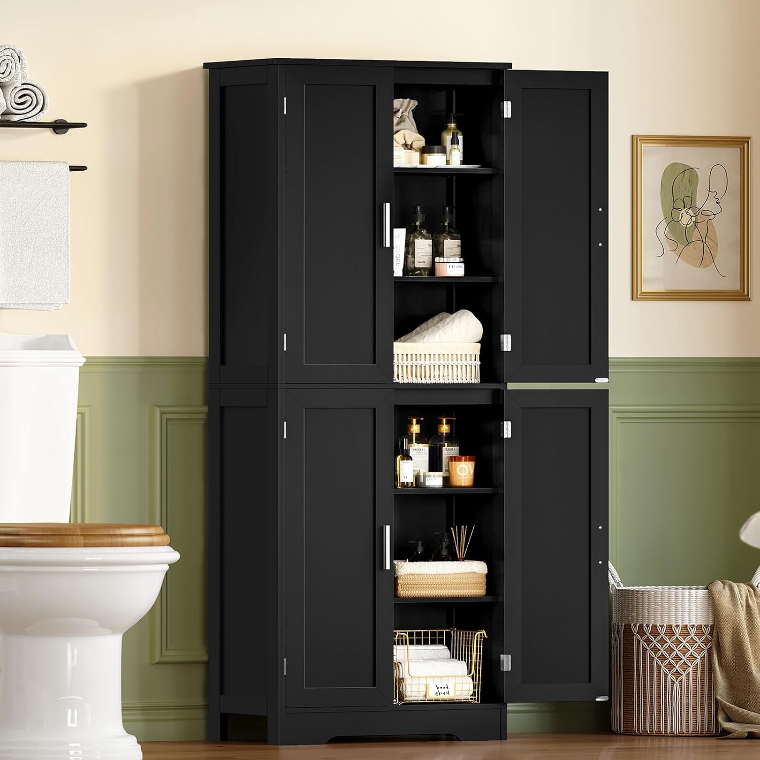 TEENFON 67” Storage Cabinet, Kitchen Pantry Cabinet with 4 Doors and 2 Adjustable Shelves, Cupboard, Tall Bathroom Cabinets for Living Room, Kitchen, Bathroom, Black