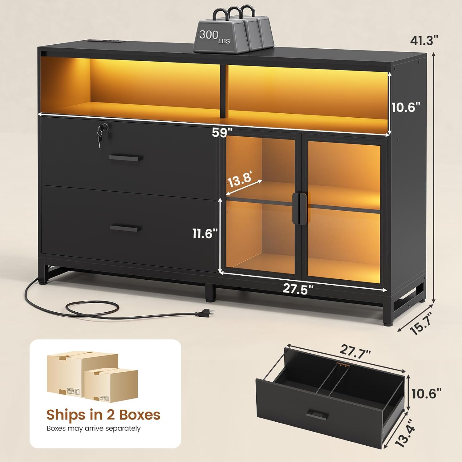 SEDETA 59 File Cabinet, 2 Drawers Filing Cabinets for Home Office fit Legal/Letter/A4 File, File Cabinet with Lock & Power Outlets, Printer Stand with Storage & LED Lights, Black