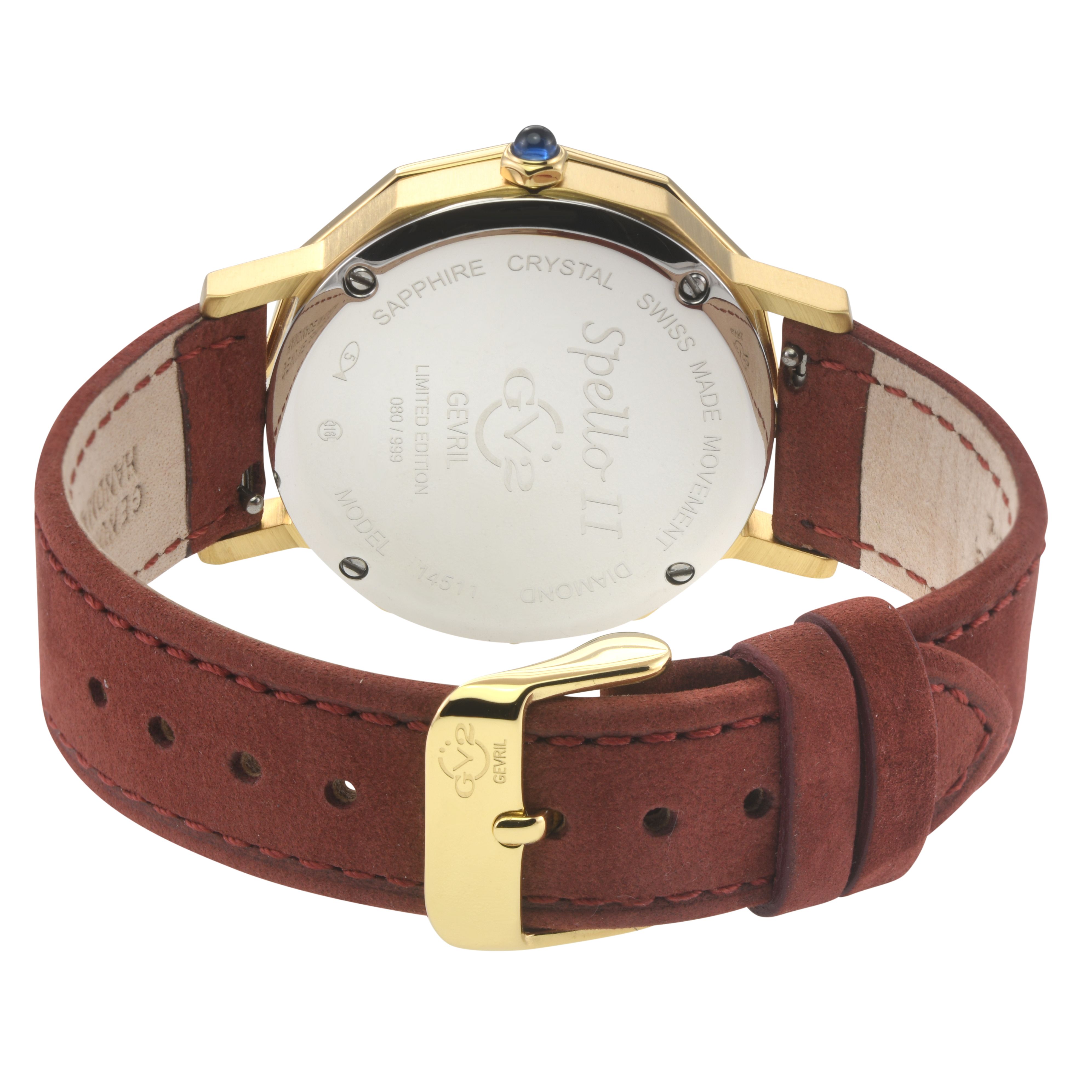 GV2 Spello II IP Gold Case, White MOP Dial, Blue Handmade Italian Leather Strap