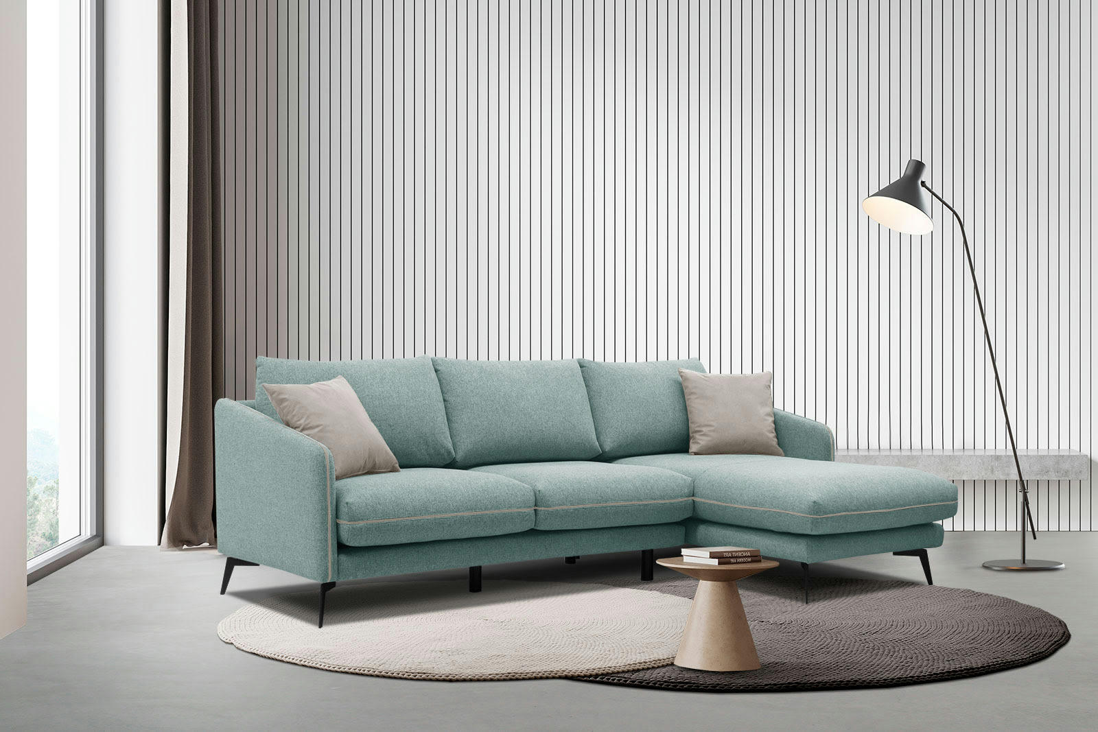 SOGEL - Canapé d'angle droit 4 places tissu bleu turquoise