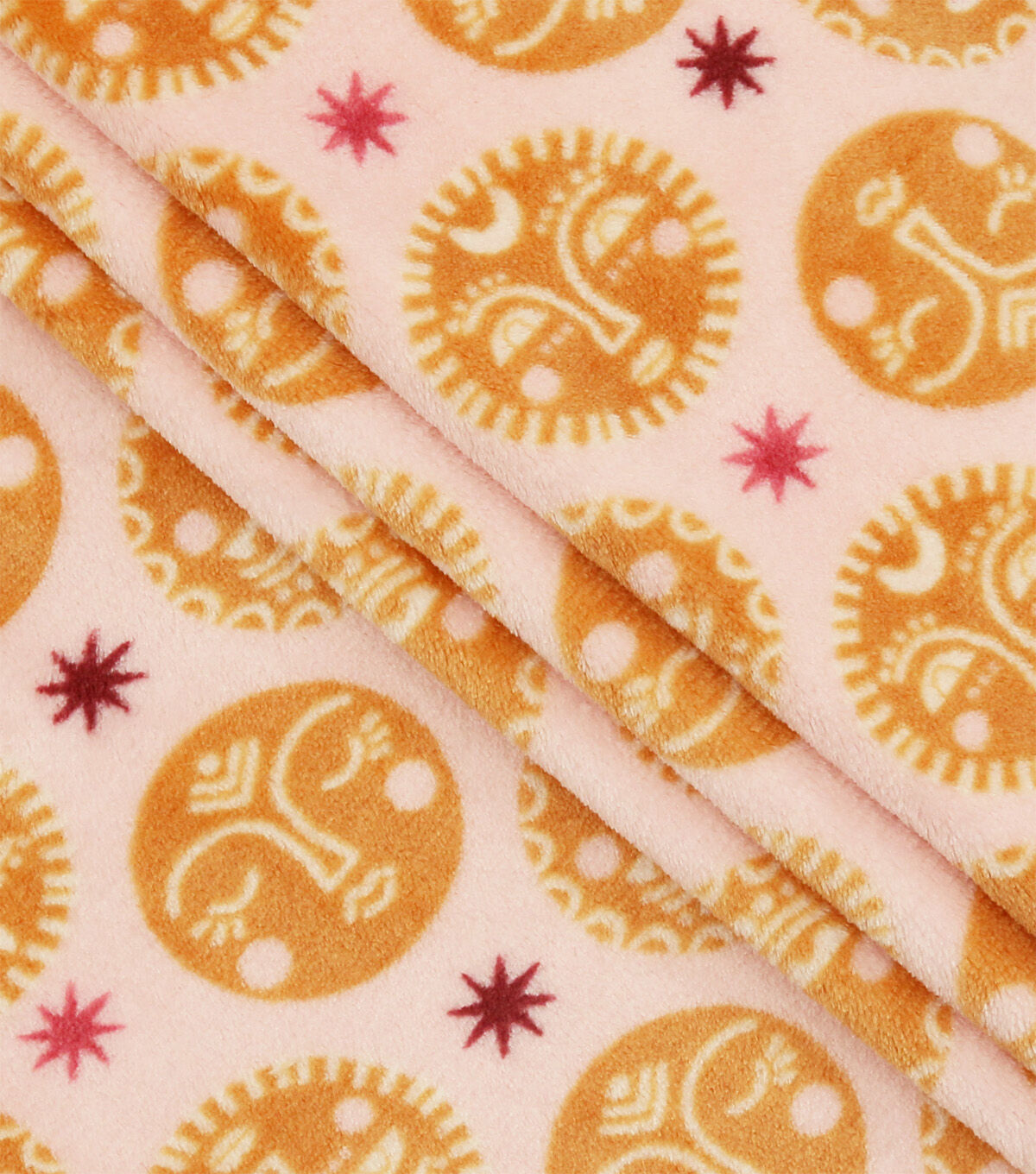 Orange Celestial Faces Sew Lush Fleece Fabric