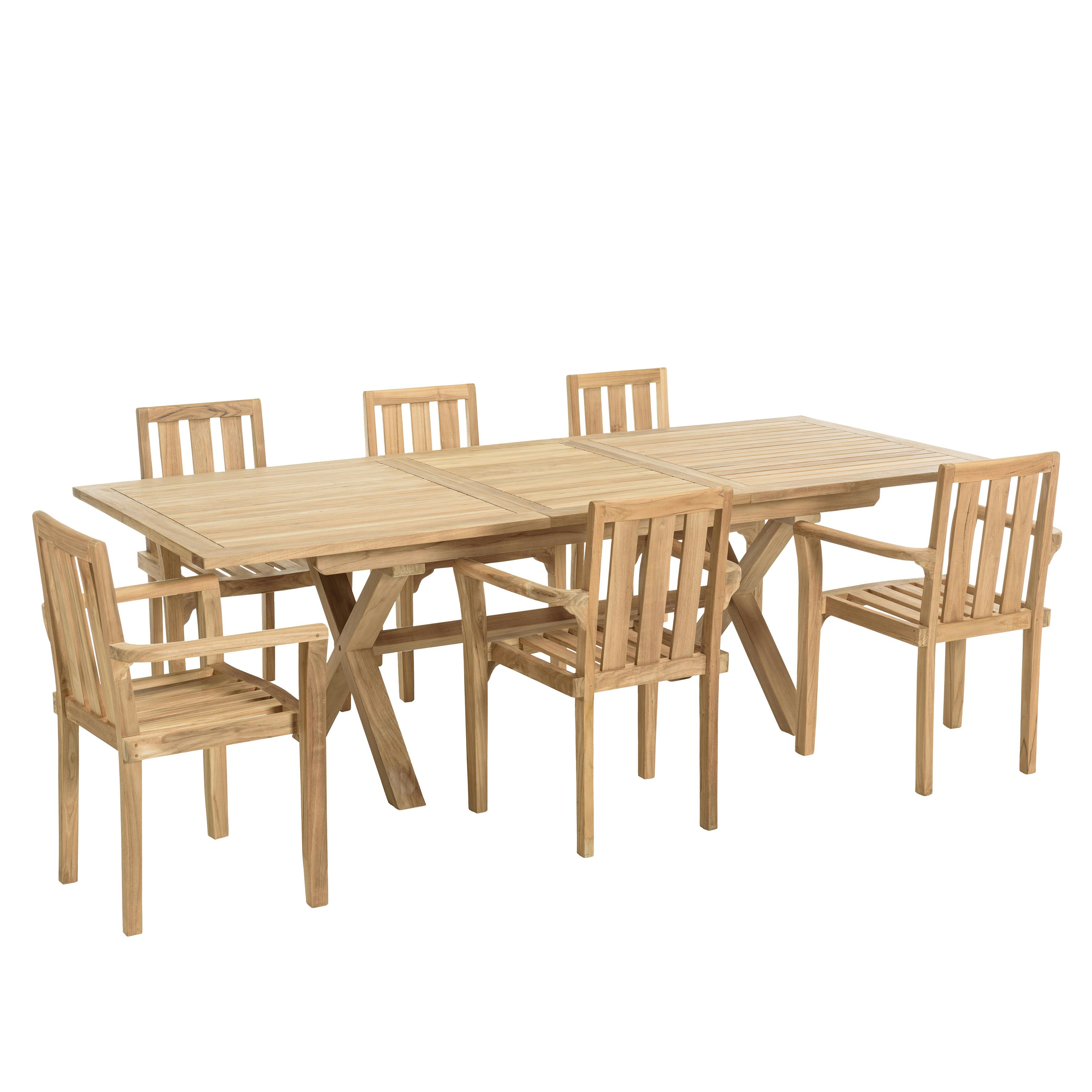 Salon de jardin teck brut table pieds en croix 180/240   6 fauteuils SUMMER