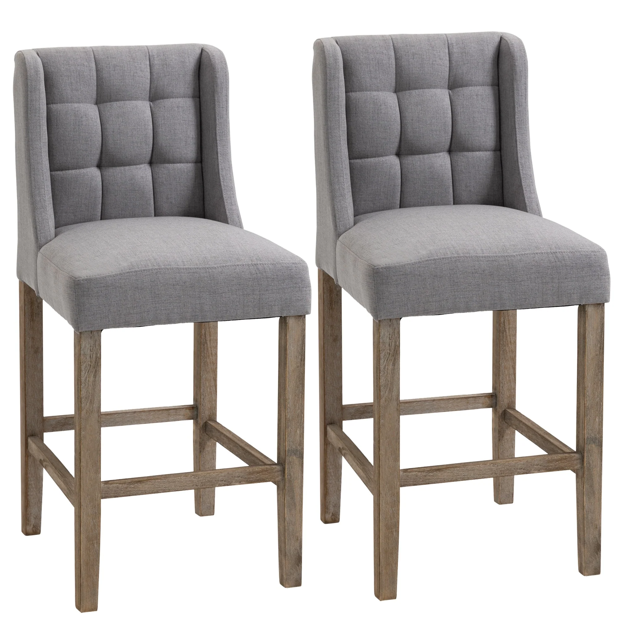 HOMCOM Modern Counter Height Bar Stools Set of 2 Tufted Upholstered Bar Chairs with Back Rubber Wood Legs for Kitchen, Dining