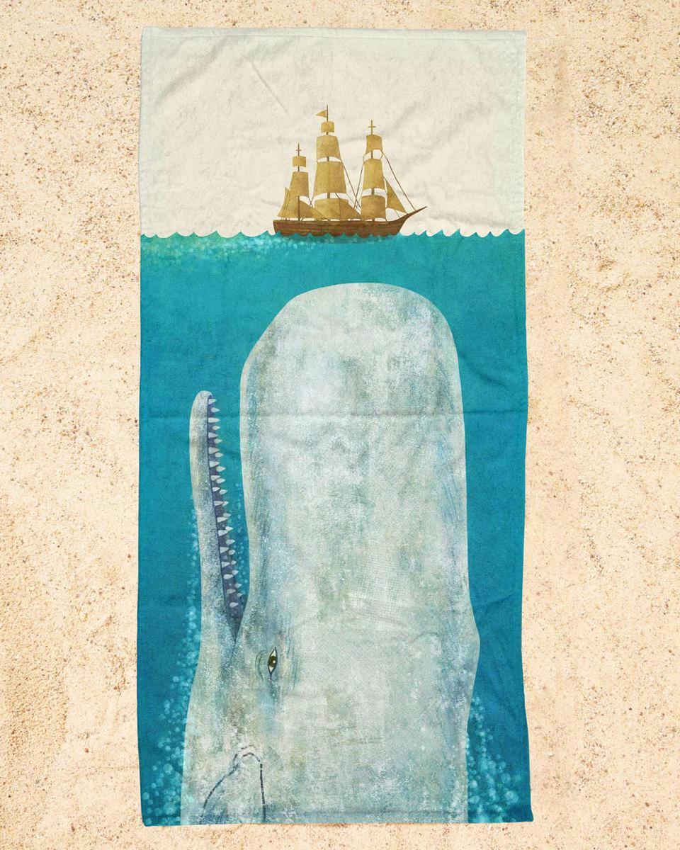 THE WHALE - Serviette de plage en éponge-velours en blanc ivoire & bleu 90x180