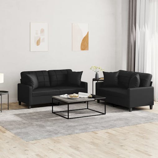 NNEVL 2 Piece Sofa Set with Pillows Black Faux Leather