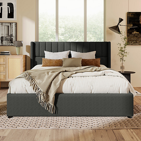 Lit 140x200 cm avec rangement hydraulique, tête de lit rembourrée en lin gris et cadre bois-métal élégant