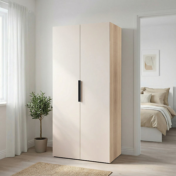 Armoire penderie 2 portes battantes beige cachemire et effet chêne GoodHome Atomia H. 187 x L. 50 x P. 58 cm