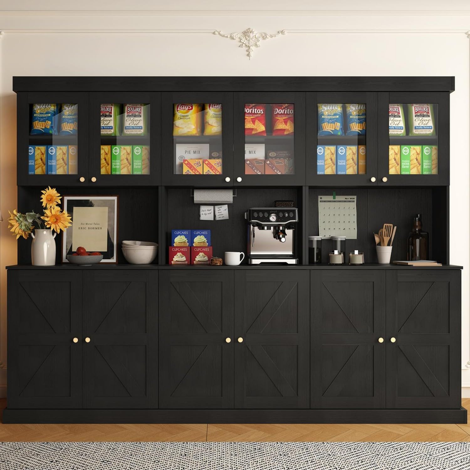 Vyre 71 Farmhouse Kitchen Pantry Cabinet Set of 3, Black Freestanding Coffee Bar Hutch with Glass Doors & Adjustable Shelves, Large Storage Cabinet with Microwave Stand for Living Room & Kitchen