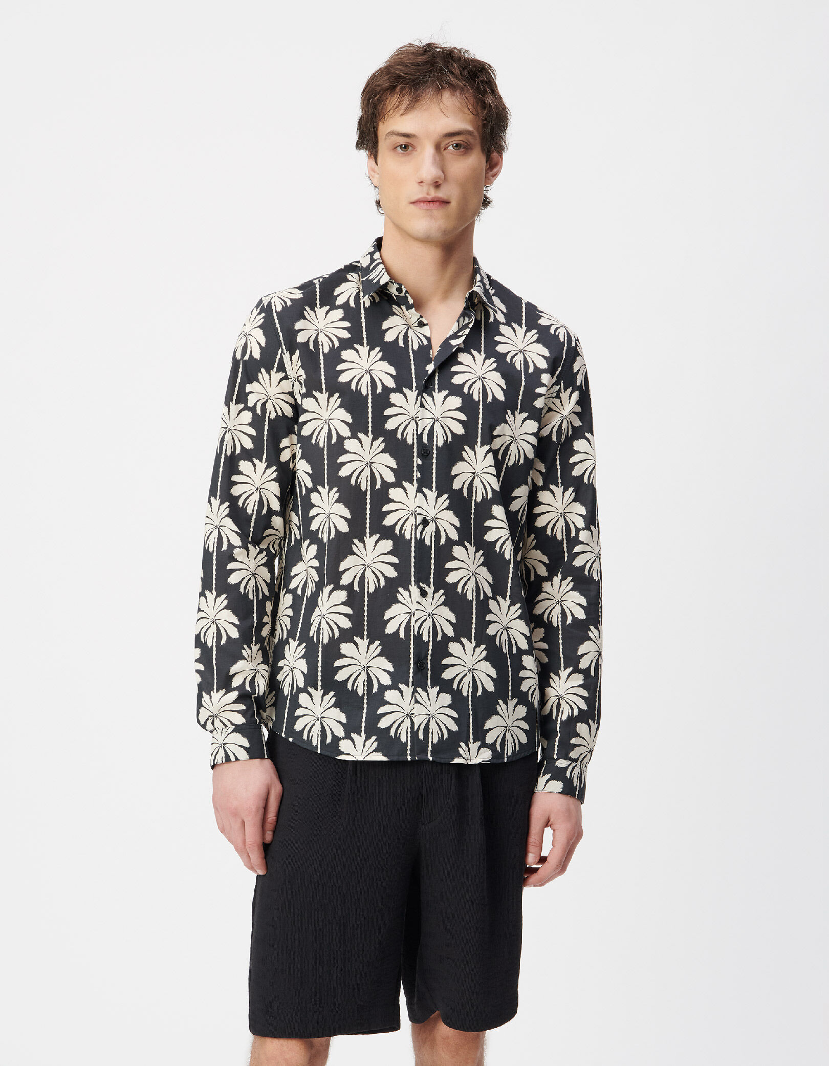 Chemise slim noire coton bio imprimé palmiers Homme