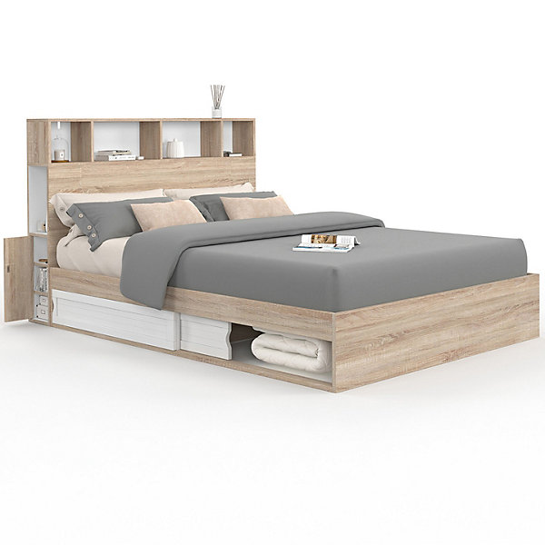 Lit double CLEM avec rangements   tête de lit et sommier 140 x 190 cm hêtre et blanc