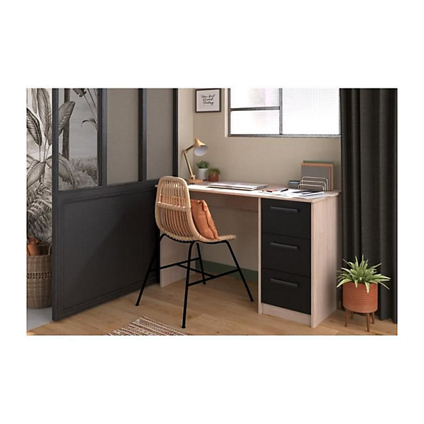 PARISOT Bureau droit 3 tiroirs - Décor chene Brooklyn - L 121,4 x P 55 x H 74.5 cm - ESSENTIELLE