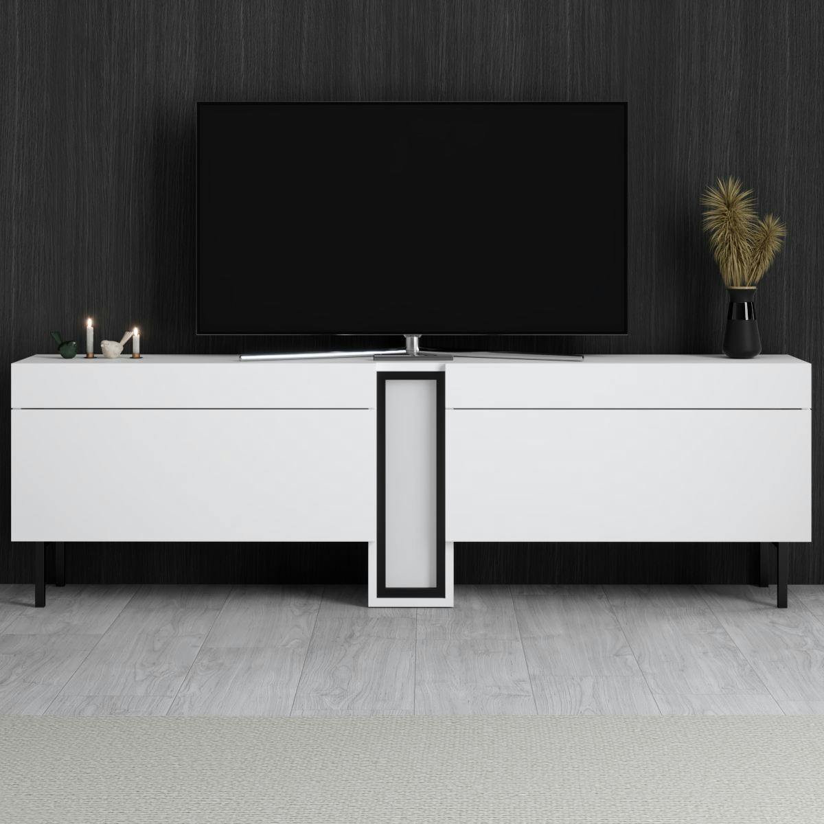 Meuble TV 2 portes blanc colonne LED à télécommande AURA