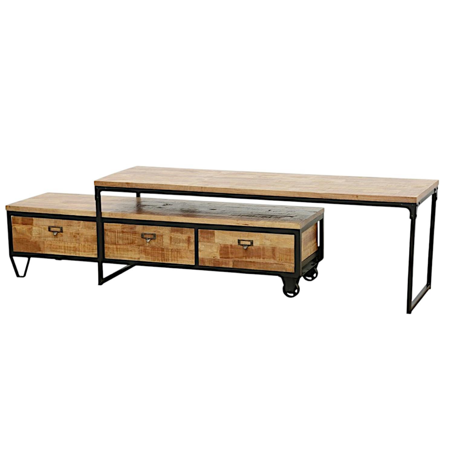 Meuble TV à roulettes en 2 parties, 3 tiroirs, 1 grand plateau en Hévéa recyclé naturel et métal 150x45x50cm LOFT