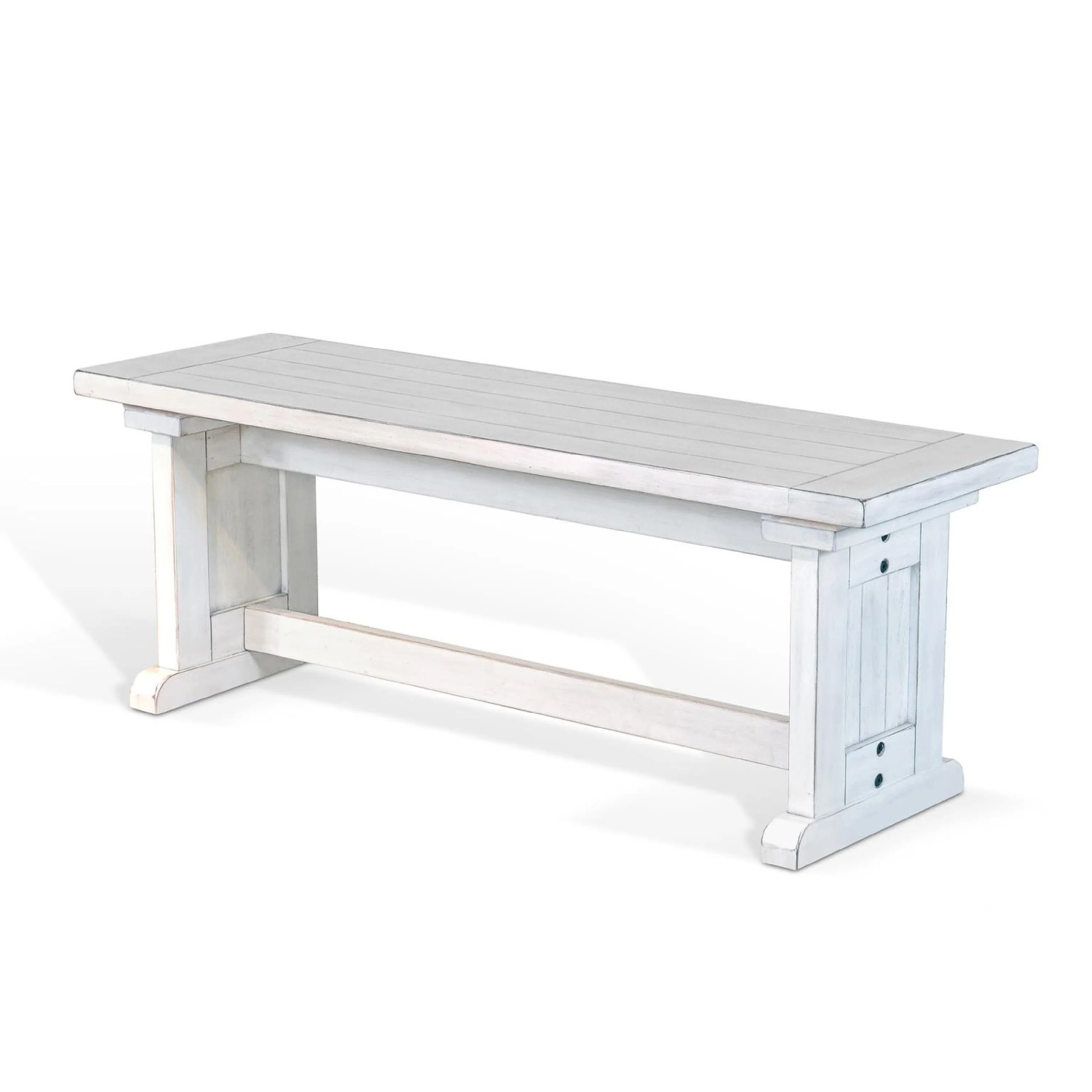Sime Side Dining Bench, Plank Style, Off White Mahogany Wood 48 Inch