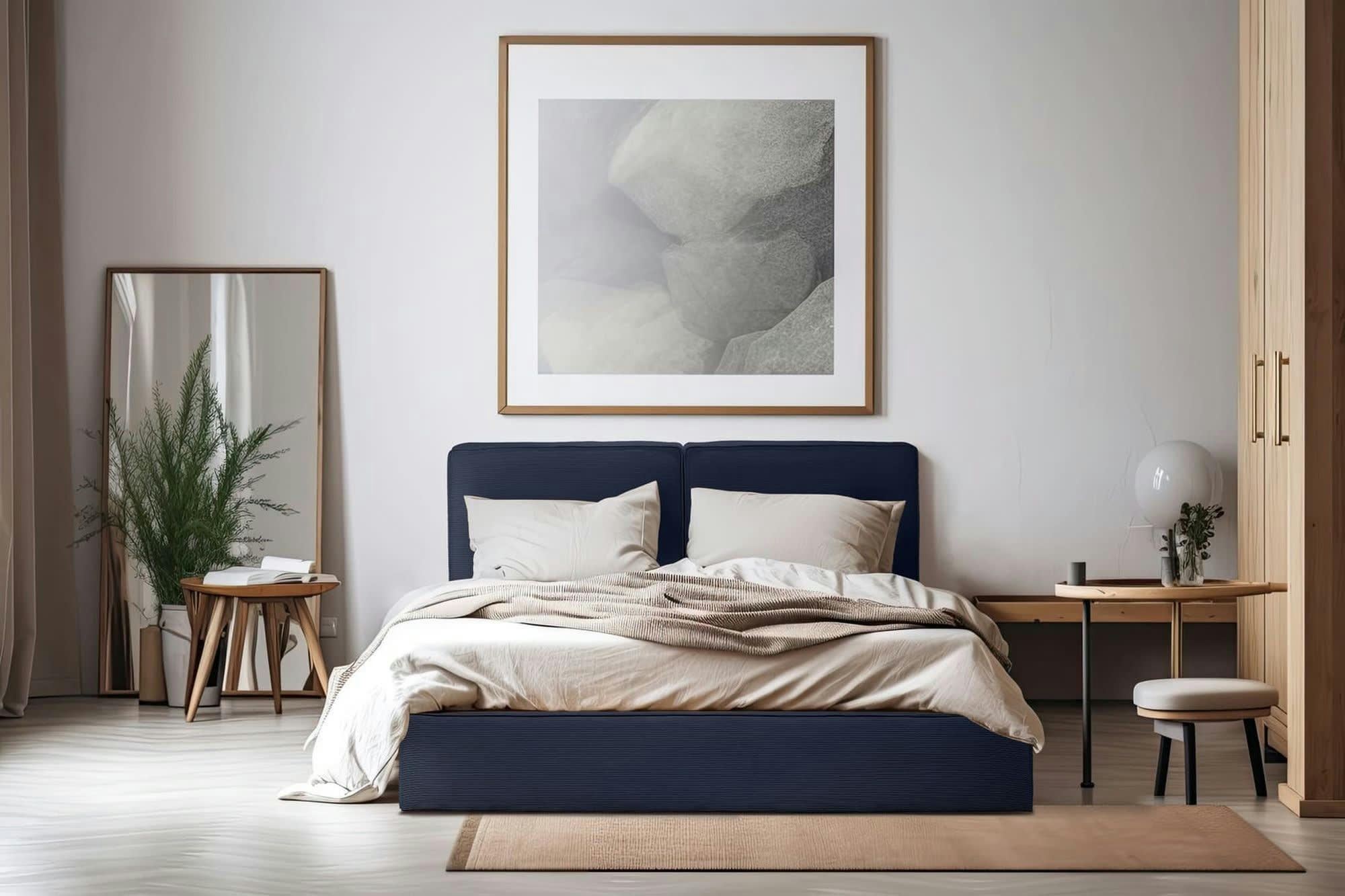 LEOPOLD - LEOPOLD lit double velours côtelé bleu marine 160x200