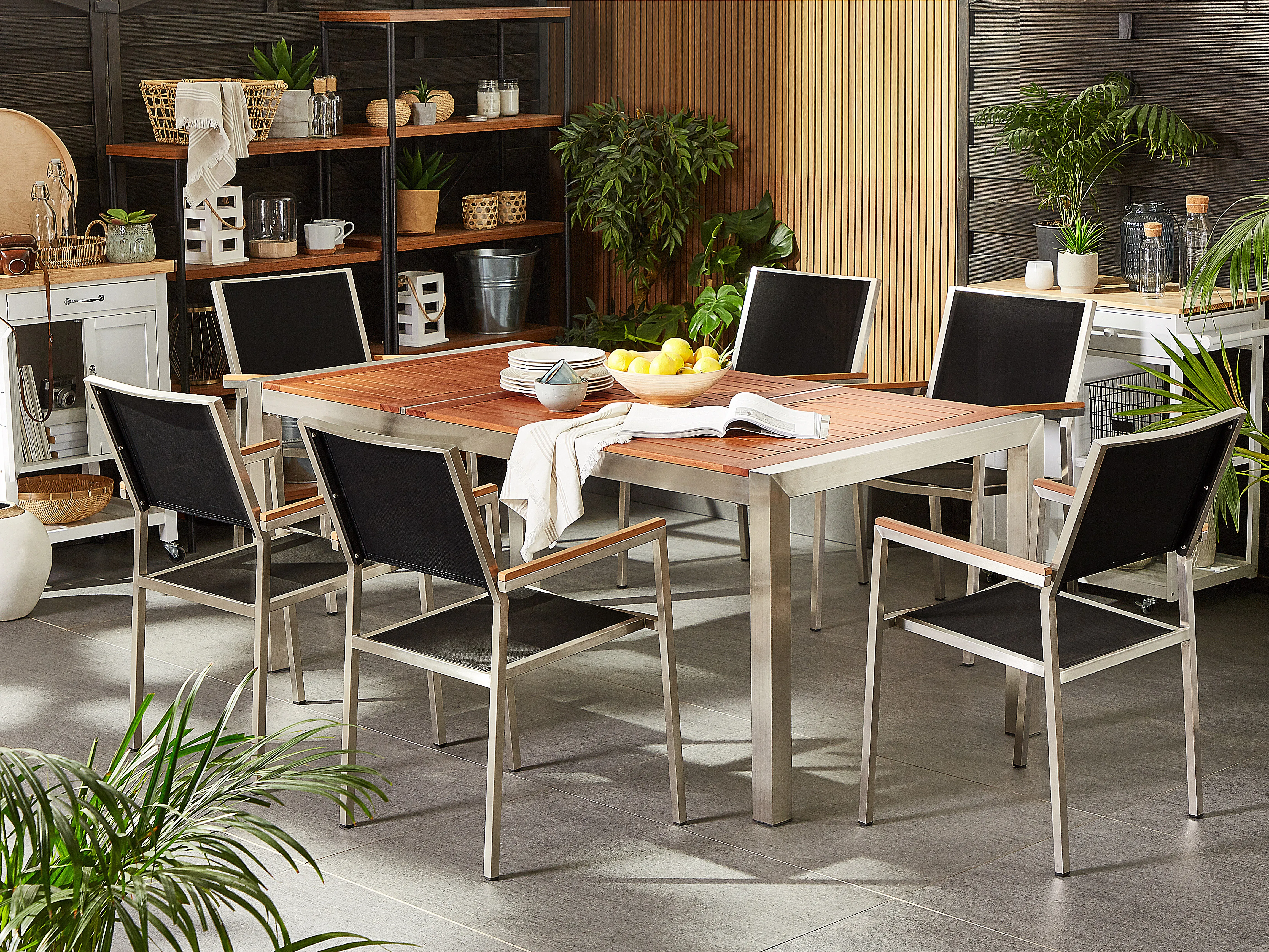 Garden Dining Set 6 Seater GROSSETO Eucalyptus Wood Brown/ Black
