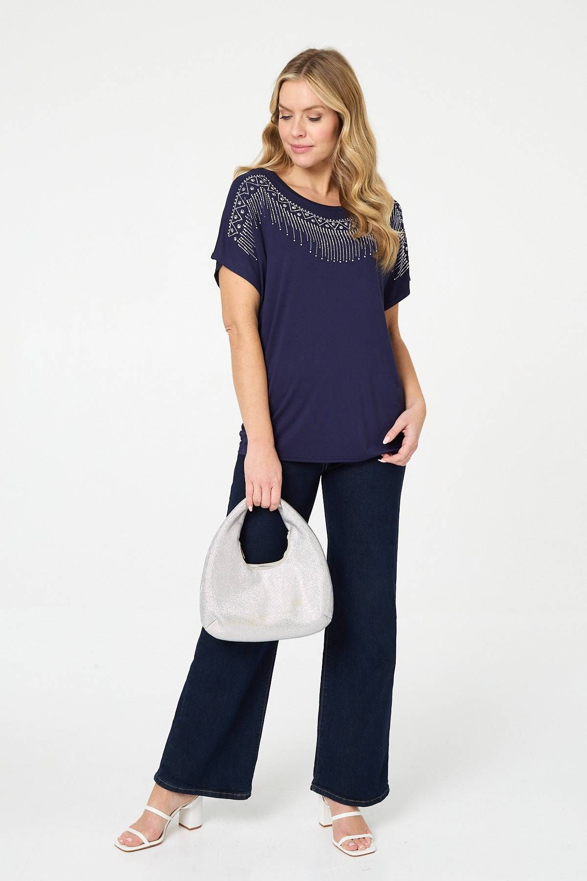Izabel London Diamante Detail Relaxed Short Sleeve Top