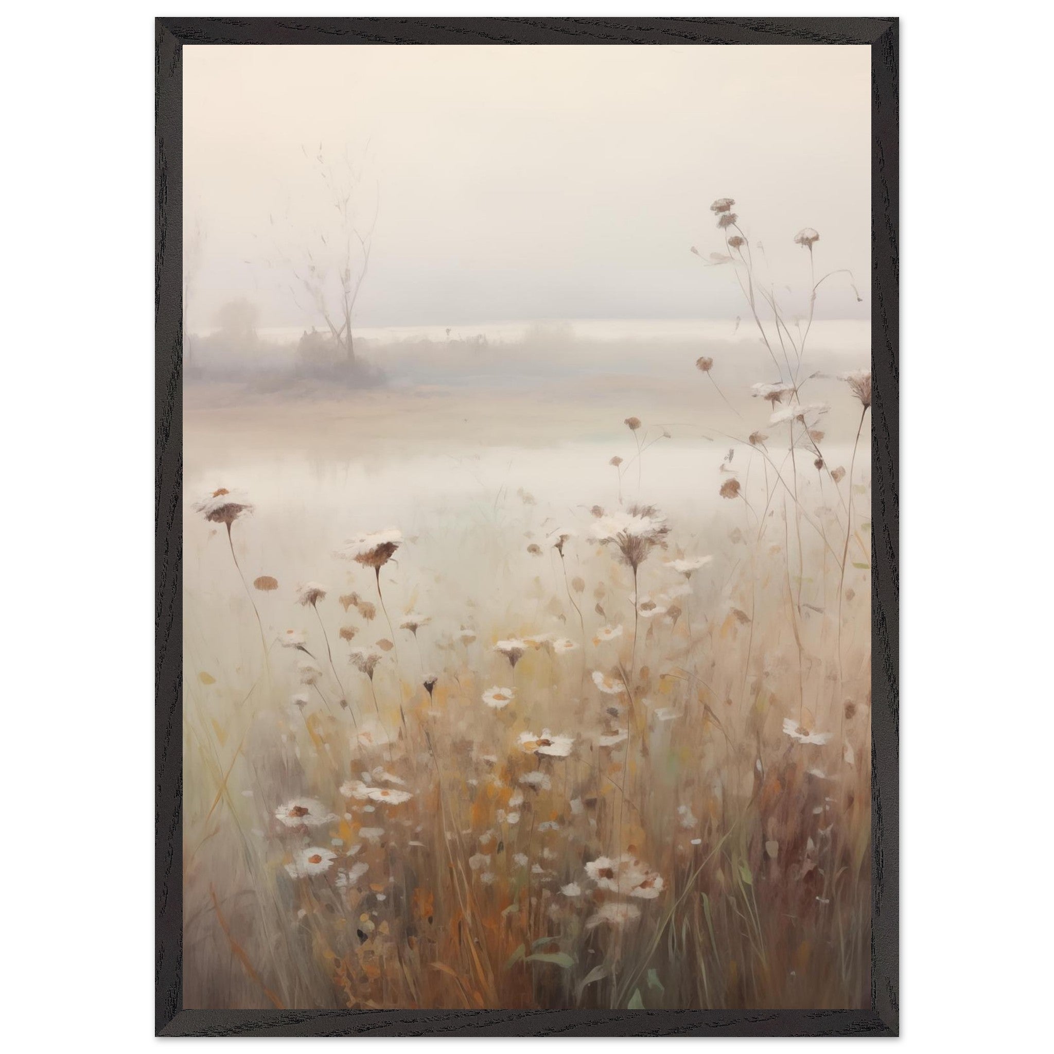 Artfulprints Poster met Lijst Foggy flowerfield 1  - 50x70 cm - Taupe