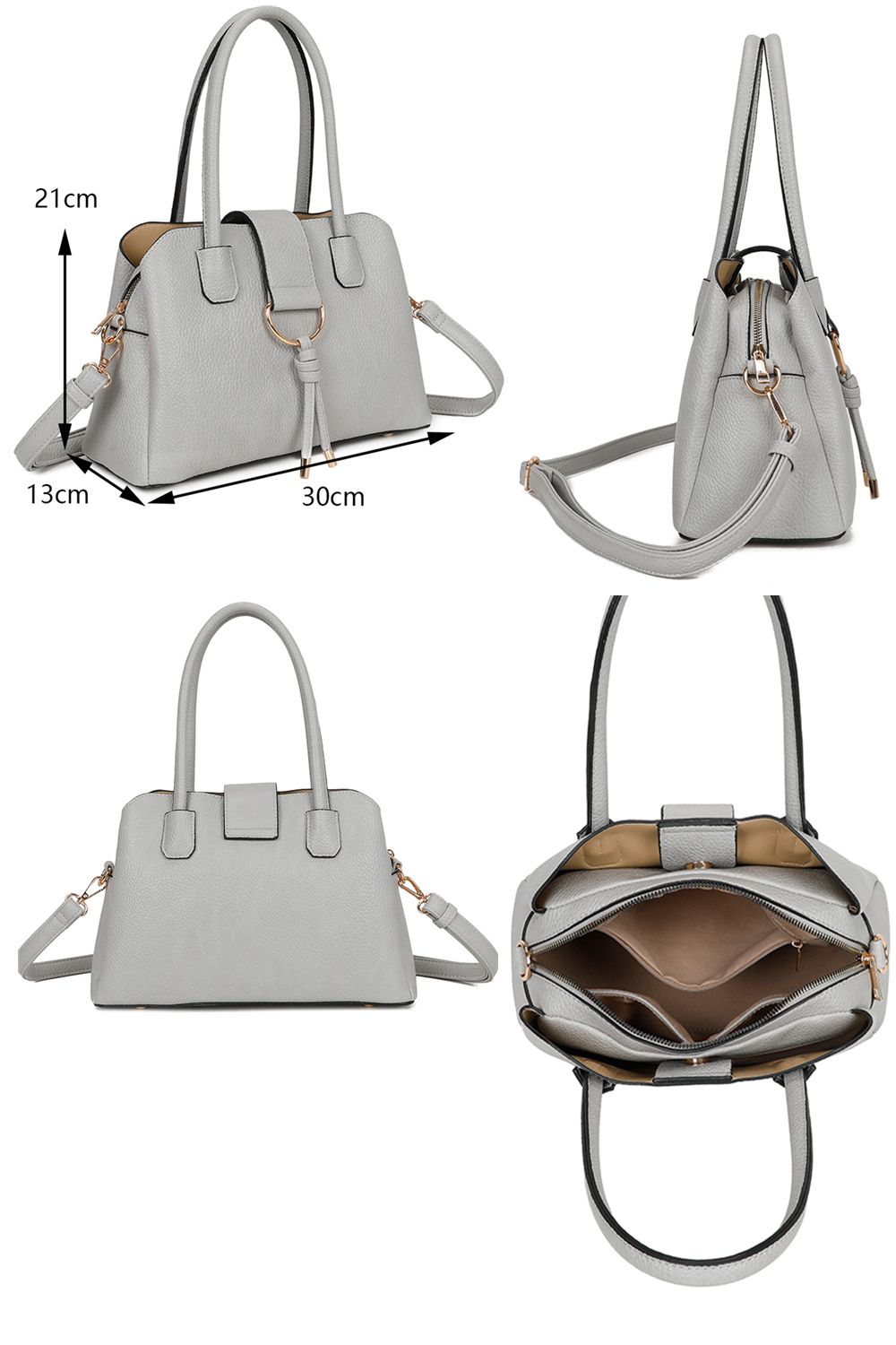 Fontanella Fashion BellaElan PU Leather Triple Compartment Handbag with a metal D-ring Ornament and an Extra Long Strap