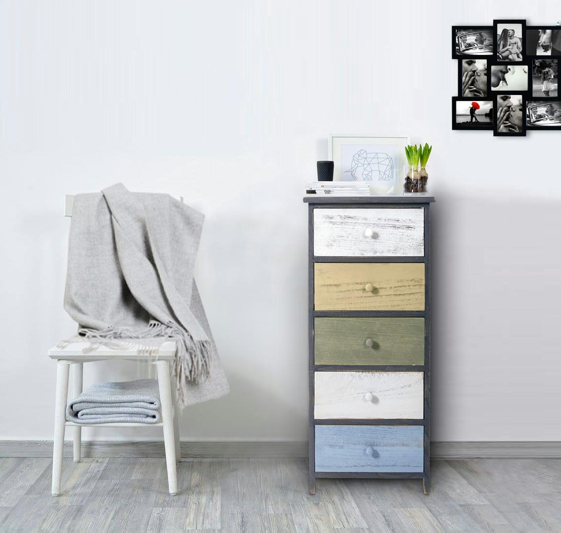 - Chiffonnier en bois blanc et gris avec 5 tiroirs