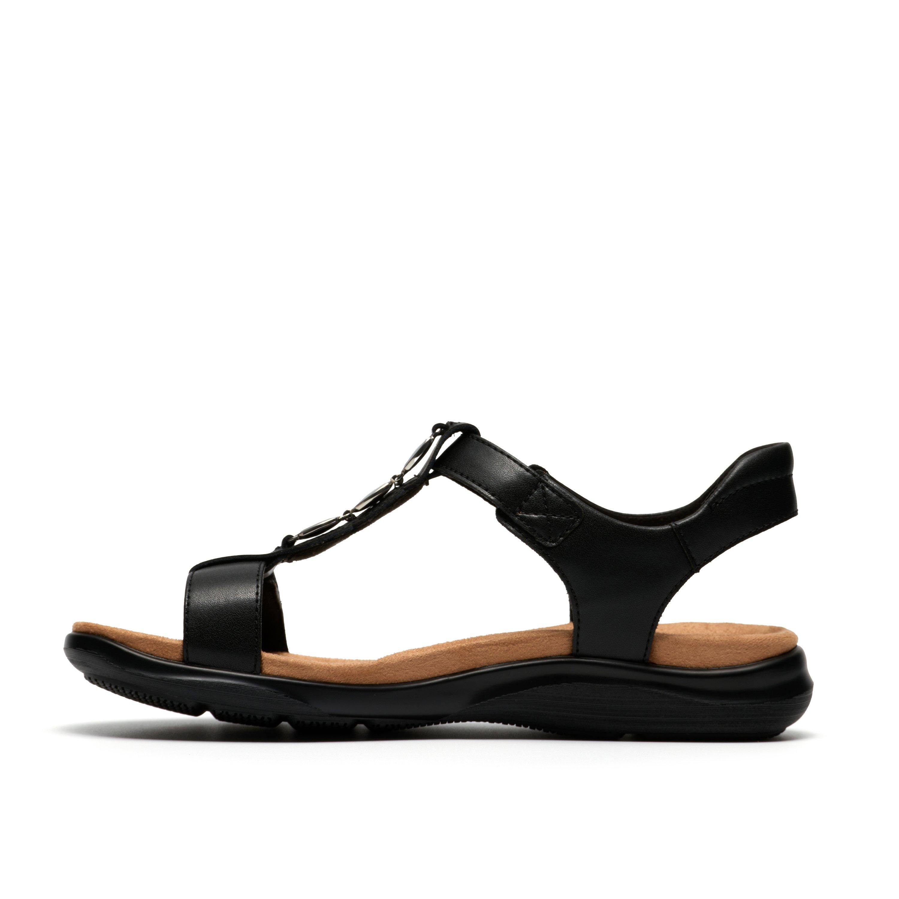 Clarks Kitly Gem Black Leather Flat Sandals