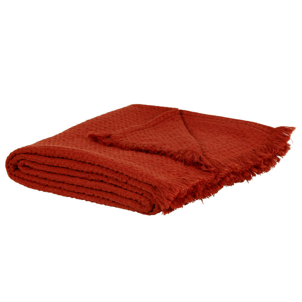 IRAJA - Plaid en coton gaufré terracotta à franges 130x170