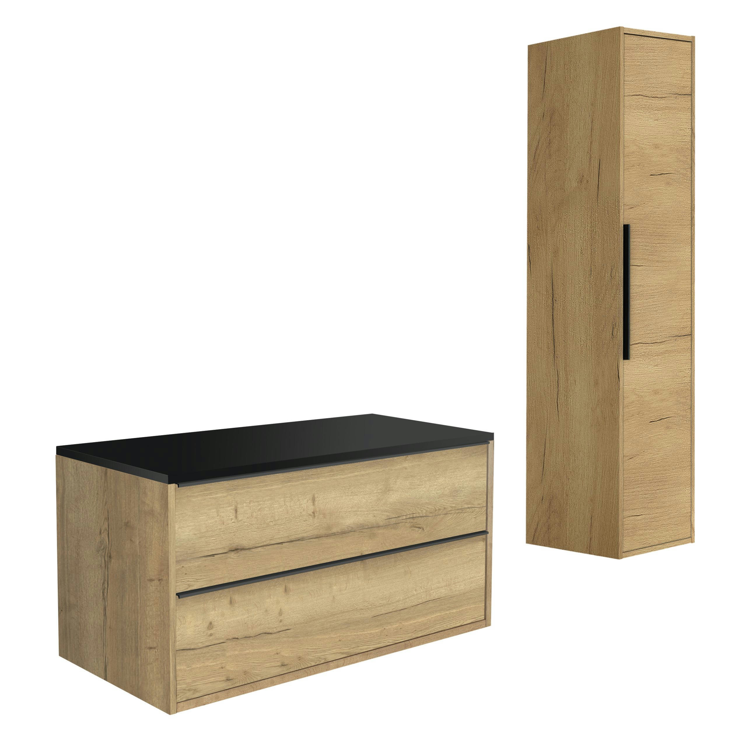 BORDER - Meuble de salle de bain 100cm Chêne PPSM + Colonne