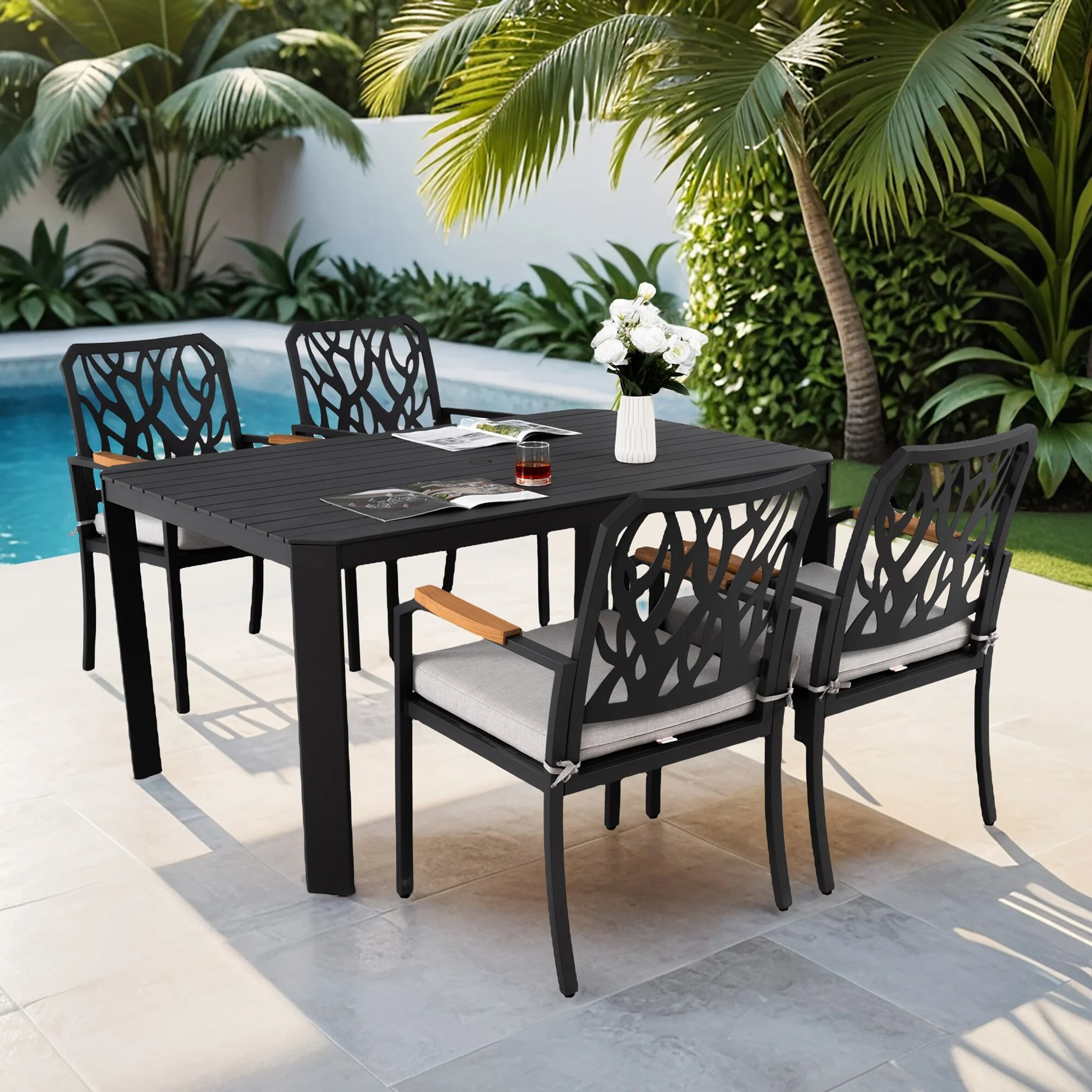 5-Piece Outdoor Aluminum Dining Set - Modern Patio Furniture With Sunbrella Cushions & Nature-Inspired Branch Design