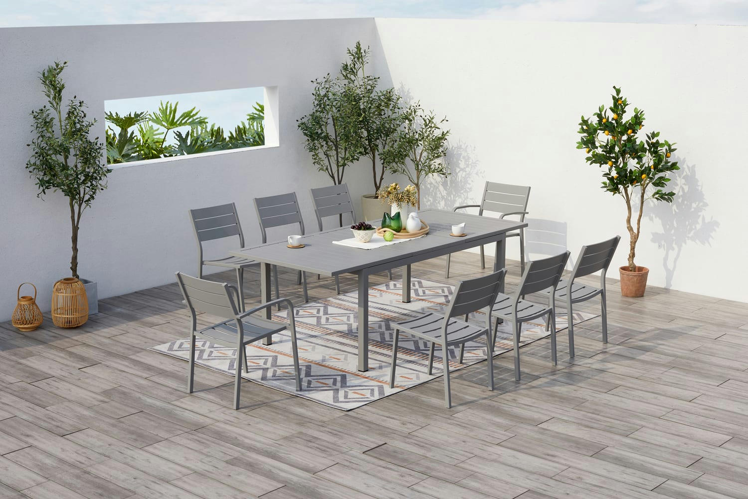 MEZZANE - Table de jardin extensible 6 chaises et 2 fauteuils en alu