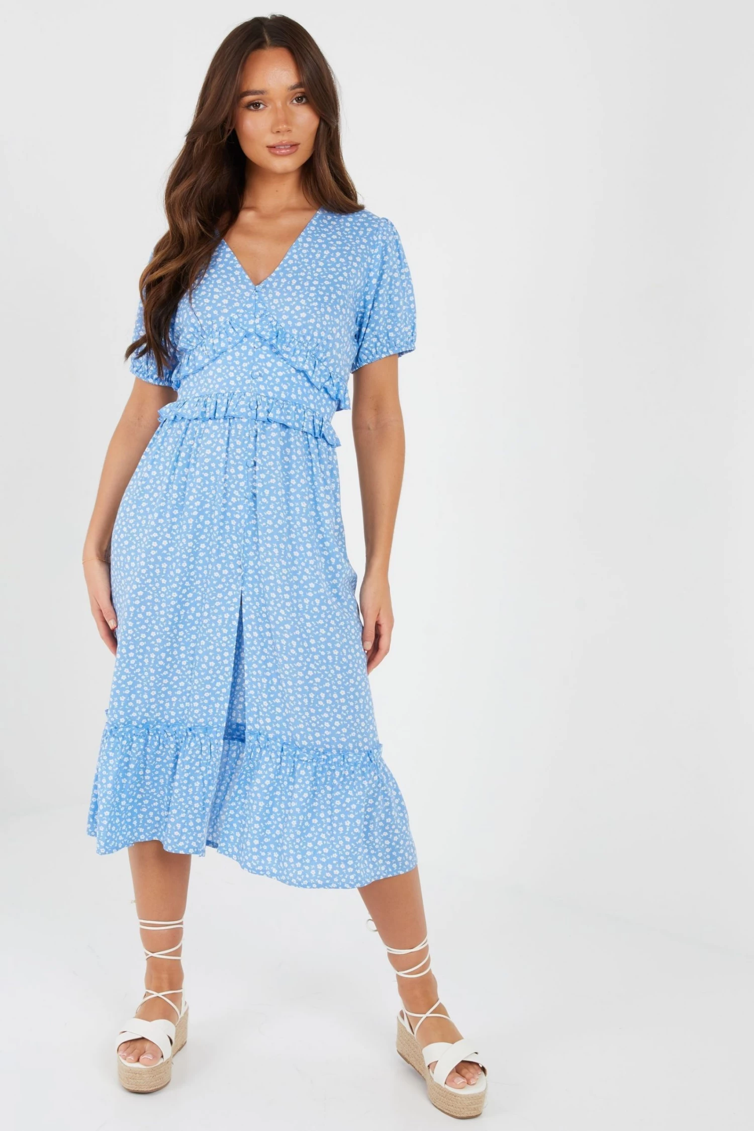 Quiz Blue Floral Frill Midi Dress