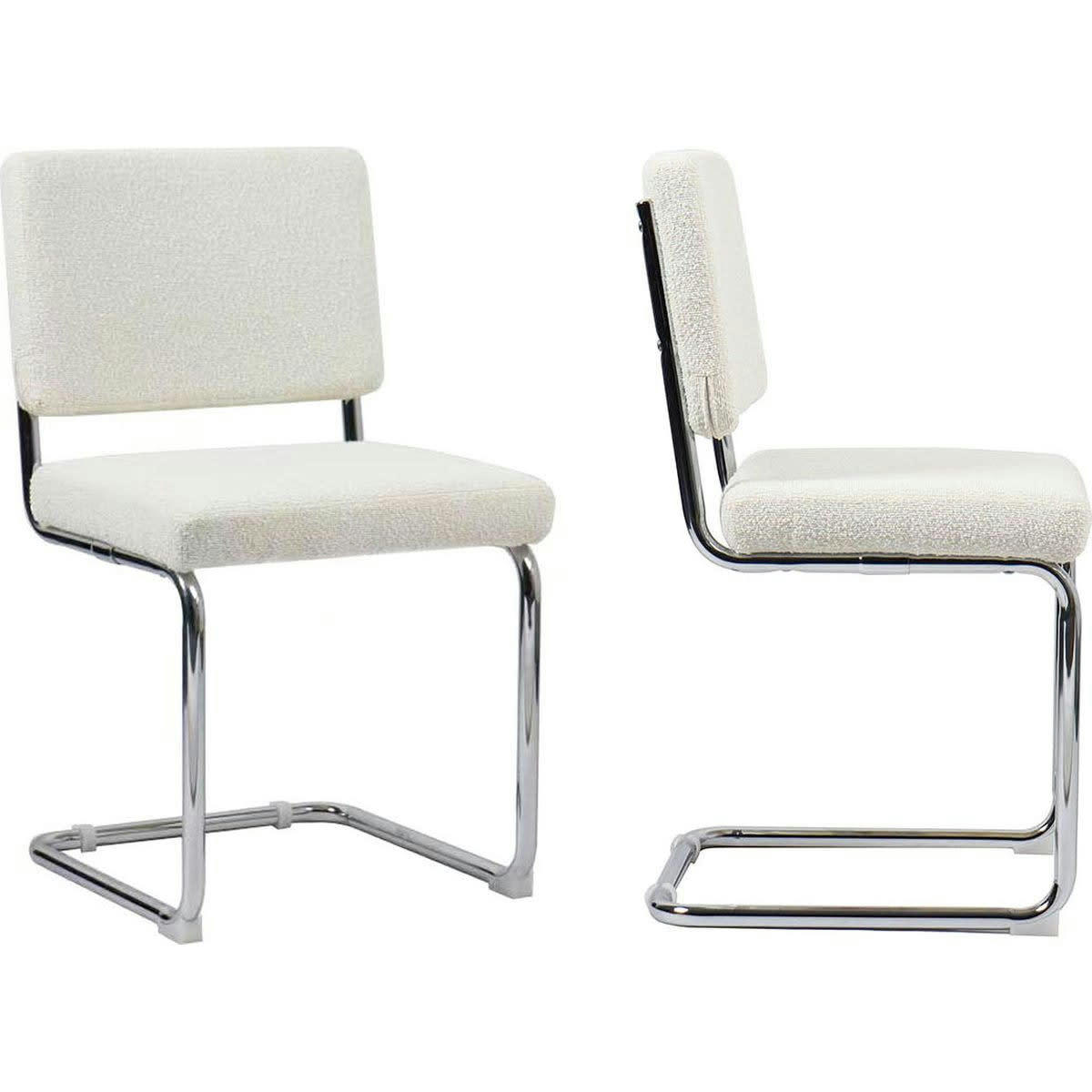 DULCE - Lot de 2 chaises en tissu bouclé écru et métal chromé