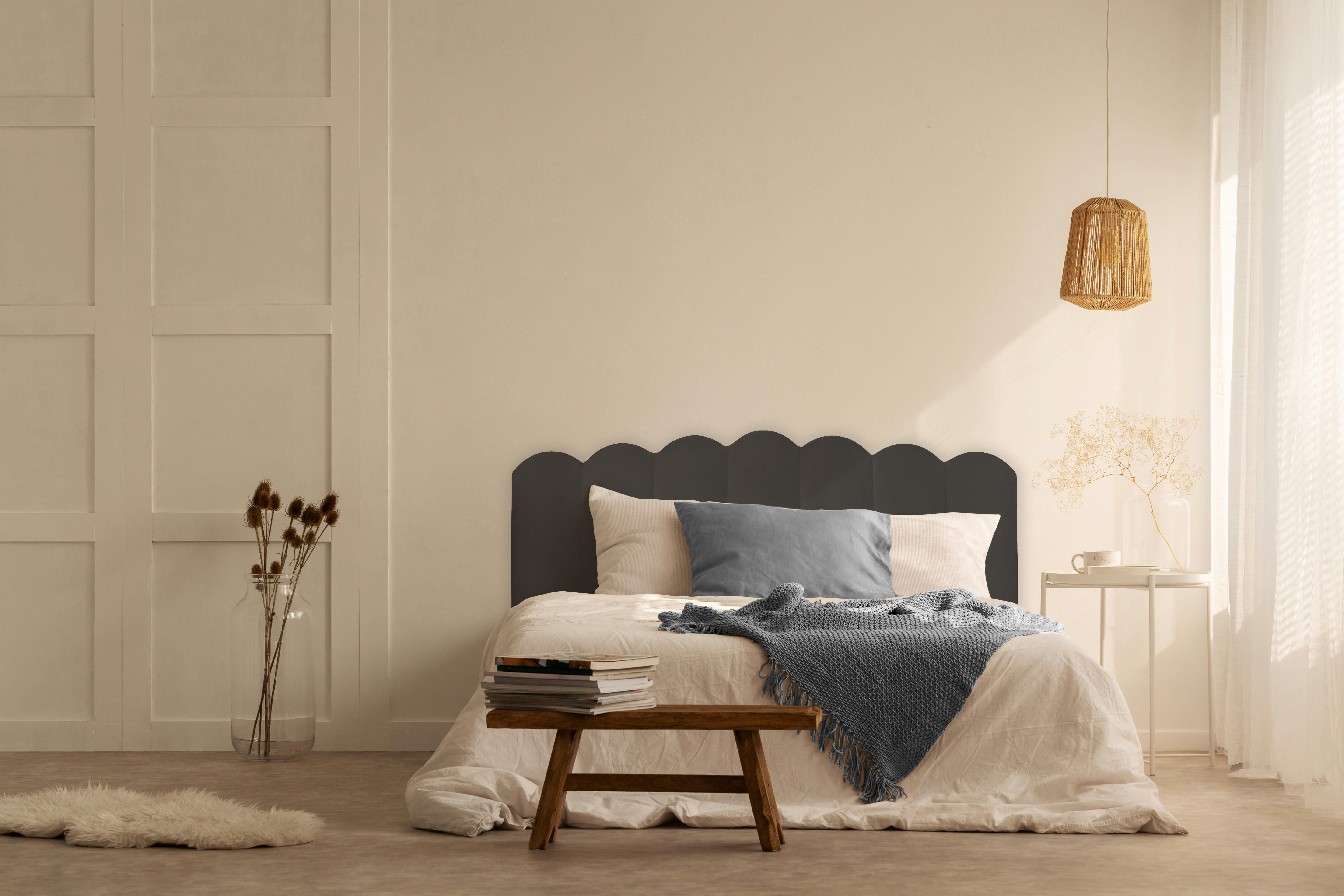 SHELL - Tête de lit tapissée en velours gris glace  145x74cm